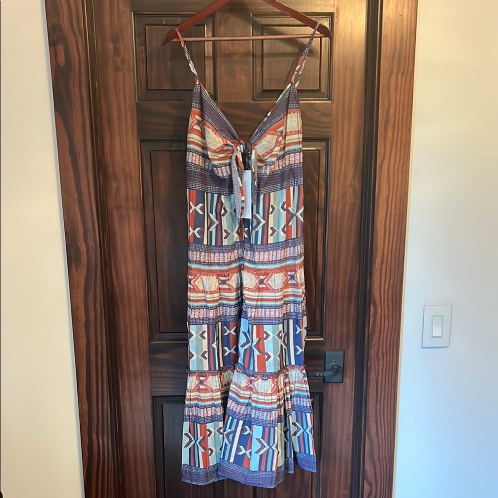 Veronica Beard Blue and Rusty Orange Tiered Ruffled Maxi Sundress